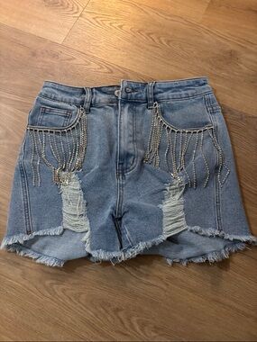 Embellished Distressed Denim Shorts - Light Blue
